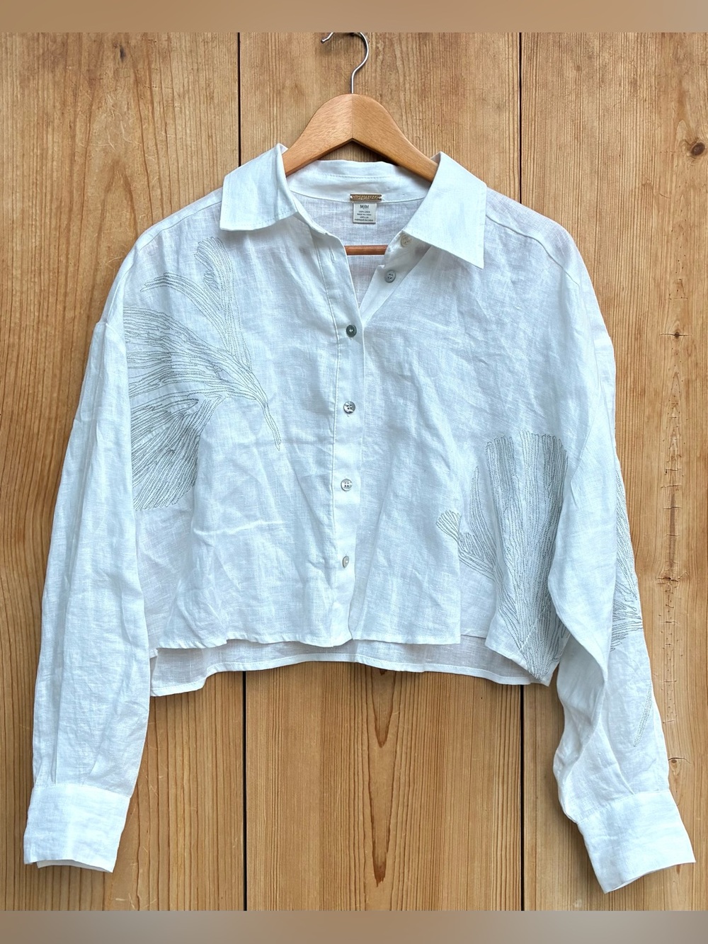 Magaschoni White Linen Button-Down Shirt with Subtle Gray Leaf Motif